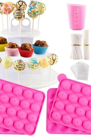 Cake Pop Maker Kit with 2 Silicone Mold Sets with 3 Tier Cake Stand, Chocolate Candy Melts Pot, Silicone Cupcake Molds, Paper Lollipop Sticks, Decorating Pen with 4 Piping Tips, Bag and Twist Ties