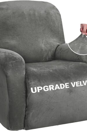 ZNSAYOTX Stretch Velvet Recliner Cover 4-Pieces, Thick Soft Recliner Chair Slipcover with Pocket, Non-Slip Elastic Bottom for Kids Pets, Luxury Plush Reclining Protector Comfy Washable (Grey)
