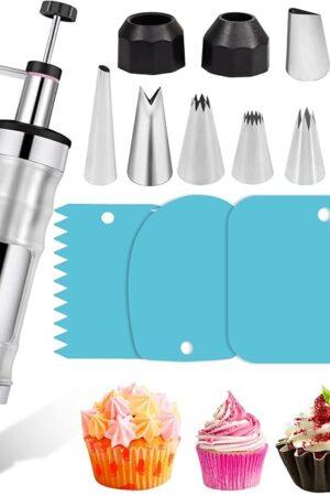 Dessert Decorating Syringe Set Frosting Piping Kit Stainless Steels Cake Decorating Tool 6 Russian Piping Icing Nozzles Cream Scraper Cupcake Frosting Filling Injector Cake Icing Tools