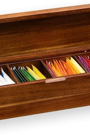 Acacia Wooden Tea Bag Organizers, Tea packet Storage Boxes, Tea Caddy for Tea Bags Chest, Teabag Holder Containers, Teabox Station Display, Organizador De Tes Caja Para Te, 4 Compartments