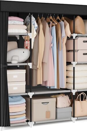 VTRIN Portable Closet Wardrobe for Hanging Clothes 57.3 Inch Large Capacity Clothes Rack with Cover, 10 Storage Organizer Shelves, 1 Hanging Rods and 6 Pockets, Free Standing Closet for Bedroom, Black