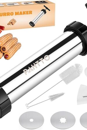 Churro Maker Kit, Stainless Steel Hollow Churro Machine, Churro Maker Gun with Piping Bag and 2 Cleaning Brushes, 4 Nozzles for Various Shapes, Máquina para Hacer Churros, Perfect Gift