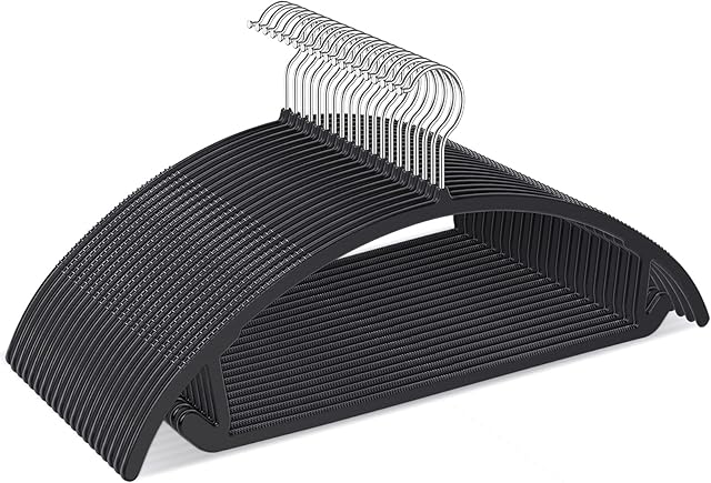 Ergonomic Curved Plastic Hangers 50pack - No Shoulder Bump Design, Non-Slip Grip for Delicate Fabrics, Heavy Duty Clothes Hangers, Holds Up to 11lbs - Ideal for Silk, Coats & Winter Wear(Black)
