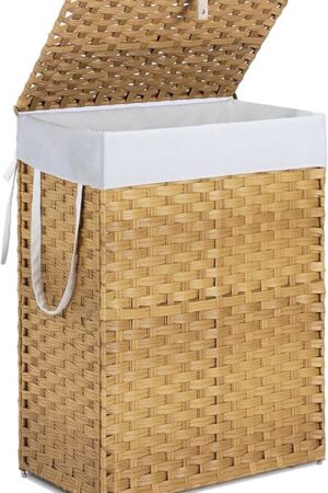 DUMOS Woven Laundry Basket with Lid, 90L Large Capacity Hamper, Removable & Machine-Washable Liner, Foldable Rattan Clothes Hamper, Sturdy Steel Frame, Odor Control, Goose Yellow