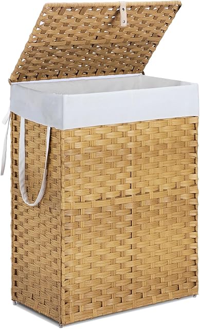 DUMOS Woven Laundry Basket with Lid, 90L Large Capacity Hamper, Removable & Machine-Washable Liner, Foldable Rattan Clothes Hamper, Sturdy Steel Frame, Odor Control, Goose Yellow