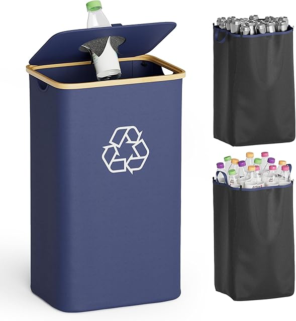 SpaceAid Recycling Bin for Kitchen 26 Gallon, 100L Recycle Bin with Lid and 2 Reusable Inner Bags, for Bottle Can Glass Plastic Stickers, Blue