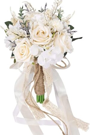 CEWOR Wedding Bouquets for Bride Bridesmaid, White Champagne Artificial Roses Flowers Wedding Decoration (7.5in)