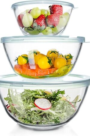 WhiteRhino Glass Mixing Bowls Glass Bowls with Lids Set(4.5QT,2.7QT, 1.1QT),Large Salad Bowls,glass mixing bowl Space-Saving Nesting Storage bowls for Cooking,Baking,Prepping,Dishwasher Safe