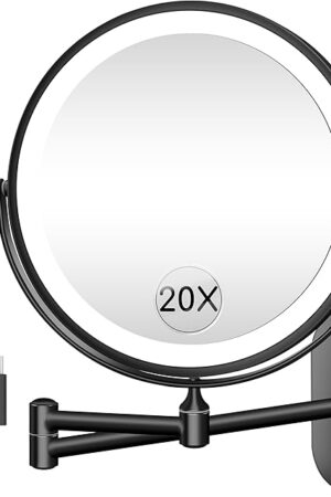 Wall Mounted Makeup Mirror with Light, 20X/1X 8'' Double Sided LED Magnifying Bathroom Lighted Vanity Mirror with Magnification, 3 Color Light up Touch Dimmable Extended Arm 360 Rotation
