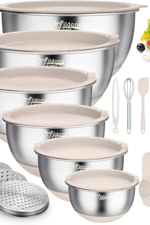 Wildone Mixing Bowls with Airtight Lids, 22 PCS Stainless Steel Nesting Bowls, with 3 Grater Attachments, Scale Marks & Non-Slip Bottom, Size 5, 4, 3, 2,1.5, 0.63QT, Ideal for Mixing & Prepping