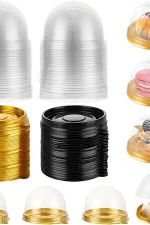 200 Pcs Mini Bundt Cake Containers, Clear Plastic Cupcakes Containers Muffin Mooncake Holder, Mini Cupcake Boxes with Dome Lid for Cheese Pastry Dessert Mooncake (100 Gold,100 Black)