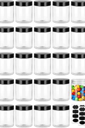 8OZ 32PCS Plastic Jars with Lids Empty Slime Cosmetics Containers Clear Gift Round PET Cream Jars with Black Lids Pen Labels for Kitchen Storage Spices Dry Food Body Butter Slime Making