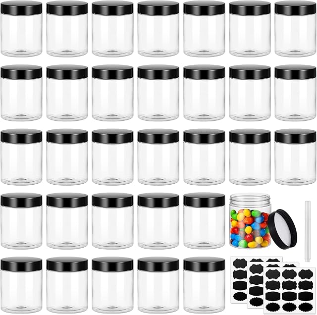 8OZ 32PCS Plastic Jars with Lids Empty Slime Cosmetics Containers Clear Gift Round PET Cream Jars with Black Lids Pen Labels for Kitchen Storage Spices Dry Food Body Butter Slime Making