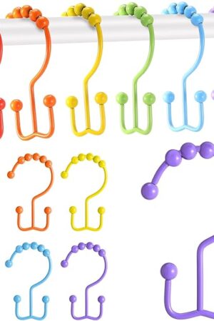 Wenqik 12 Pcs Colorful Shower Curtain Hooks Bohemian Rainbow Color 304 Stainless Steel Rings Rust Proof Balanced Double Glide Shower Hooks for Curtain Bathroom(Rainbow Color)