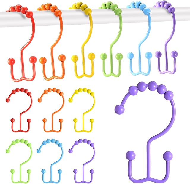 Wenqik 12 Pcs Colorful Shower Curtain Hooks Bohemian Rainbow Color 304 Stainless Steel Rings Rust Proof Balanced Double Glide Shower Hooks for Curtain Bathroom(Rainbow Color)