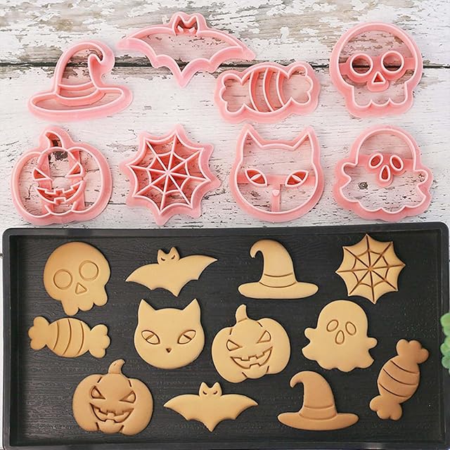 8pcs Mini Halloween Cookie Cutters, One-touch Molding 3d Ghost Raised Design Cookie Stamps, Cookie Cutter Set suitable for Frosting Decoration, Day of The Dead Decorations (Halloween)