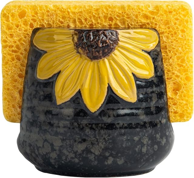 Yellow Sunflower Sponge Holder - Ceramic Kitchen Sink Caddy & Organizer