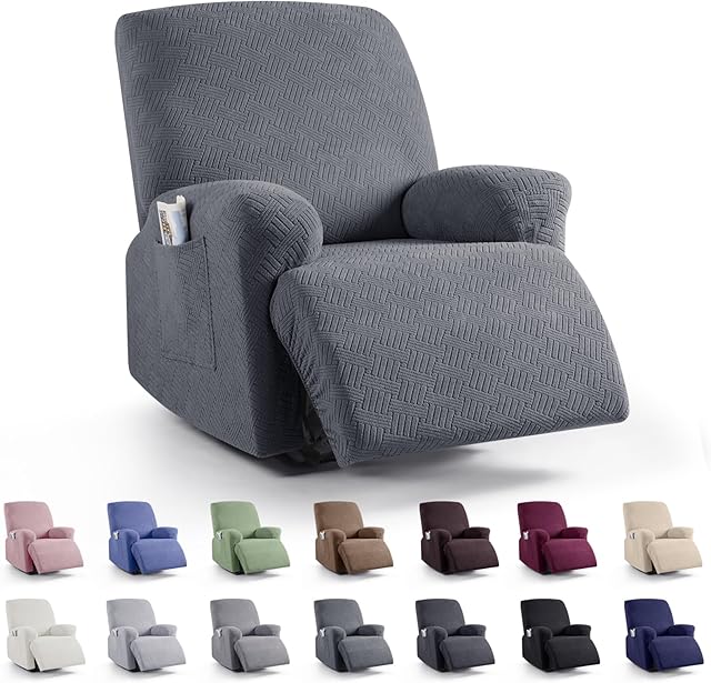 KinCam Recliner Chair Covers, Stretch Reclining Cover, Recliner Sofa Slipcovers Stripe Jacquard Recliner Couch Covers Furniture Protector Covers for Pet Kid (1 Seater, Dark Gray)