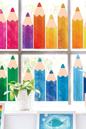 Whaline 9 Sheets Back to School Watercolor Pencil Window Clings Double-Sided Window Stickers Colorful Pencils Window Decals for First Day of School Classroom Wall Glass Blackboard Decorations