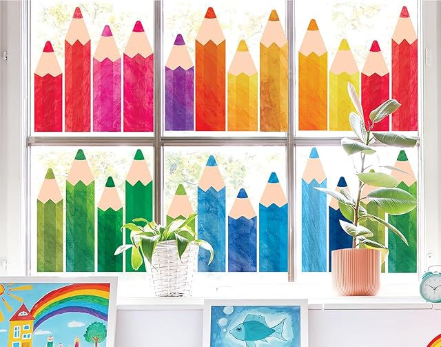 Whaline 9 Sheets Back to School Watercolor Pencil Window Clings Double-Sided Window Stickers Colorful Pencils Window Decals for First Day of School Classroom Wall Glass Blackboard Decorations