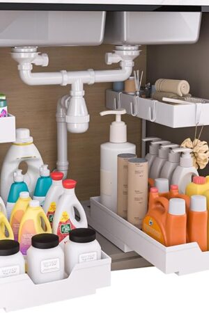 2-Tier Under Sink Organizers and Storage 2 Pack Sliding L-shape Under Cabinet Organizers For Narrow Space Multi-purpose Sink Organizer for Bathroom Kitchen Drawer(White 2 Pack)
