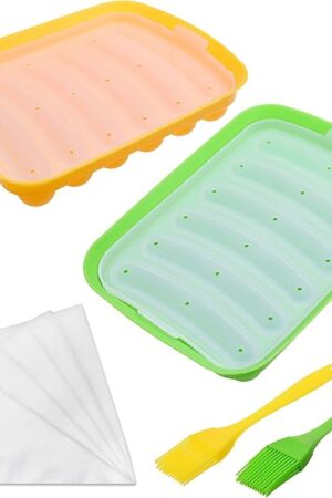 2x Silicone Sausage Molds - Non-Stick Flexible Hotdog Maker - 6-Cavity Baking Cooking Steaming Container - DIY Homemade Sausages - Includes 2x Silicone Mini Brushes and 20x Pastry Bags