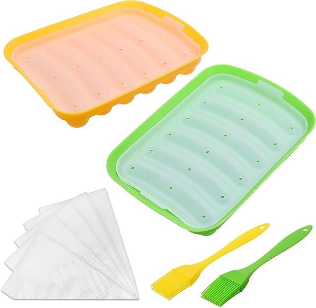 2x Silicone Sausage Molds - Non-Stick Flexible Hotdog Maker - 6-Cavity Baking Cooking Steaming Container - DIY Homemade Sausages - Includes 2x Silicone Mini Brushes and 20x Pastry Bags