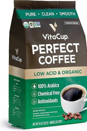 VitaCup Perfect Low Acid Coffee Beans, USDA Organic & Fair Trade, Mycotoxin Free, Dark Roast Guatemala Single Origin, Clean & Pure, Low Acidity, Whole Bean Coffee, 11 ounces