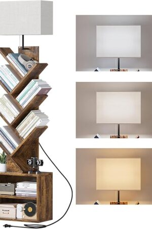 6 Tier Tree Bookshelf with Light Small Bookcase with Storage Cabinet, Modern Tall Narrow Bookshelves Organizer, Floor Standing Book Shelf for Bedroom/Living Room/Home Office/CDs/Movies/Corner