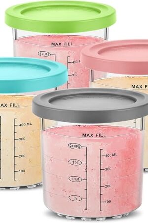 16OZ Containers Replacement for Ninja Creami Pints and Lids - 4 Pack, Compatible with NC301 NC299AMZ NC290 Series Ice Cream Maker, Upgraded Design with Measurement Scale
