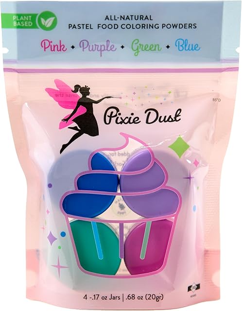 Dye Free - Plant Based - All Natural - Food Coloring Powder MEDIUM set. Pastel Colors Pink, Purple, Blue, Green. FLAVORLESS by PIXIE DUST (.17 oz Each Color .70 oz 20gr Total)
