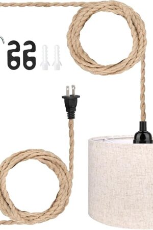 16.5FT Plug in Pendant Light, Hanging Lamp with Lampshade Plug in Cord Light Fixture, Hemp Rope ON Off Switch, Beige Linen Fabric Lamp Shade for Dining Room, Kitchen, Living Room, Bedroom