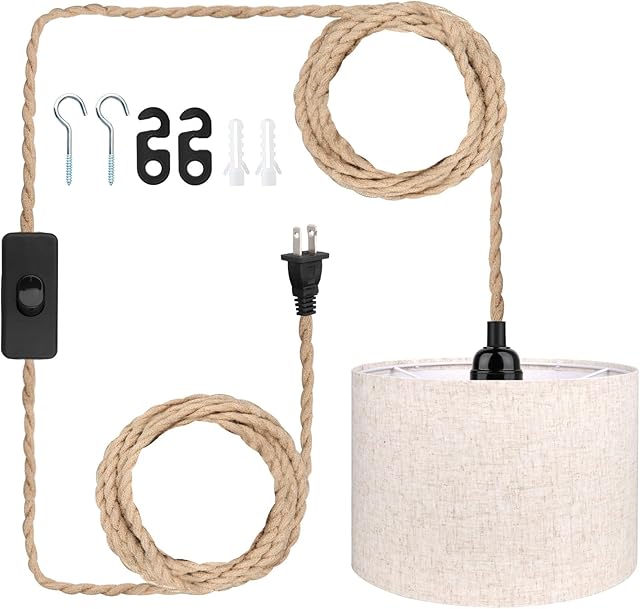 16.5FT Plug in Pendant Light, Hanging Lamp with Lampshade Plug in Cord Light Fixture, Hemp Rope ON Off Switch, Beige Linen Fabric Lamp Shade for Dining Room, Kitchen, Living Room, Bedroom