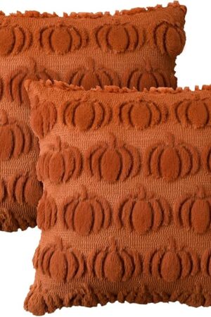 AVOIN colorlife Fall Pumpkin Caramel Throw Pillow Covers, 18 x 18 Inch Seasonal Autumn Thanksgiving Harvest Decoration Soft Plush Faux Fur Jacquard Cushion Case Decoration for Sofa Couch Set of 2