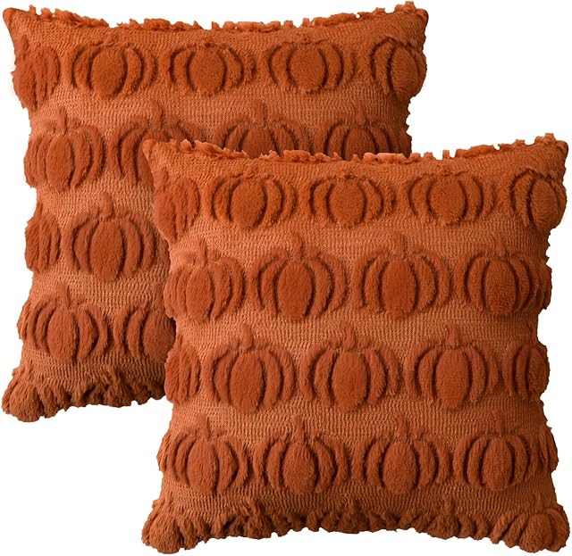 AVOIN colorlife Fall Pumpkin Caramel Throw Pillow Covers, 18 x 18 Inch Seasonal Autumn Thanksgiving Harvest Decoration Soft Plush Faux Fur Jacquard Cushion Case Decoration for Sofa Couch Set of 2