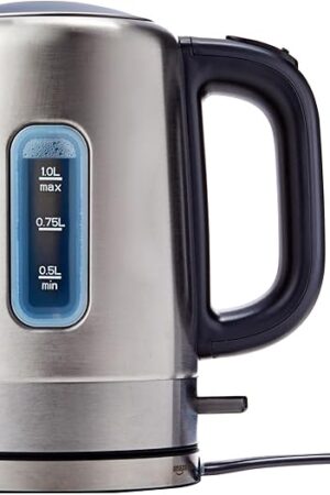 Amazon Basics Electric Stainless Steel Kettle for Tea and Coffee, BPA-Free, Fast Boiling, Auto Shut-Off, 1.1 Quarts, 1500W, Black and Silver