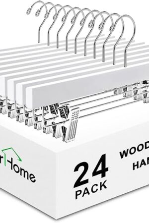 Amber Home 24 Pack White Wooden Pants Hangers with 2-Adjustable Clips for Jeans, Slacks, Shorts