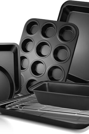 EWFEN Bakeware Sets, Baking Pans Set, Nonstick Oven Pan for Kitchen with Wider Grips, 7-Piece with Round/Square Cake Pan, Loaf Pan, Muffin Pan, Cookie Sheet, Roast Pan, Cooling Rack, Carbon Steel Bake
