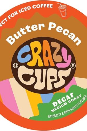 Crazy Cups Flavored Decaf Coffee Pods, Decaf Butter Pecan Coffee, Decaf K Cups for Keurig K Cups Machines, Hot or Iced, Single Serve Decaffeinated in Recyclable Pods, 22 Count