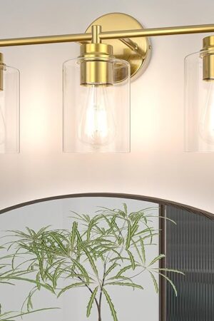 Bathroom Vanity Light Fixtures, 3-Light Brushed Gold Wall Sconce with Clear Glass, Modern Vanity Lights Over Mirror for Bathroom, Kitchen, Living Room, Mirror, E26 Base(Bulbs Not Included)