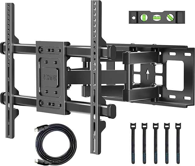 BONTEC Full Motion TV Wall Mount for 37-84 Inch TVs, Hold up to 132lbs, Max VESA 600x400mm, Swivel Tilt Dual Arms, Adjustable Viewing Angle, Fits 16" Wood Studs, Easy Assembly, CT135B