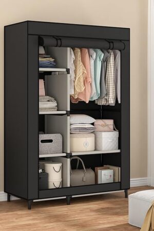 Calmootey Portable Closet Organizers, Clothing Storage, Wardrobe with 6 Shelves and Hanging Rod, Non-Woven Fabric Cover with 4 Side Pockets, Black