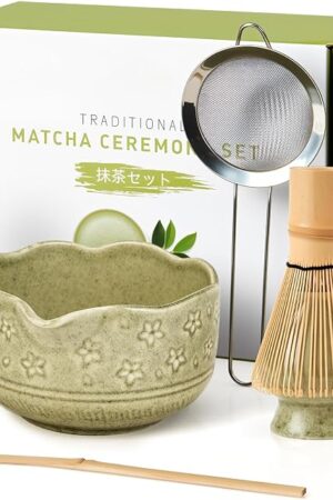 5Pcs Matcha Whisk Set, 18OZ Bowl With Spout, Japanese Ceremony Matcha Whisks Kit, 100% Natural Bamboo Whisk, Ceramic Whisk Holder (Green), Stainless Sifter, Tea Scoop, Gift for Matcha Lovers Beginner