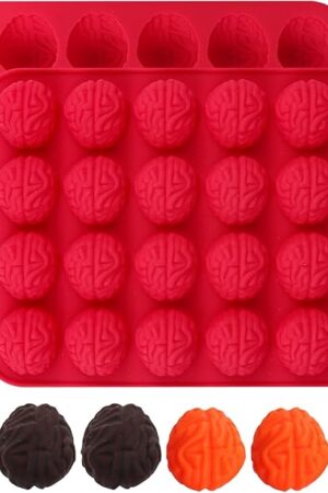 Brain Chocolate Candy Mold, 2 Pieces Halloween Silicone Brain Molds for Cake Cupcake Decorating, Brain Gummy Mold, Bite Size, Red