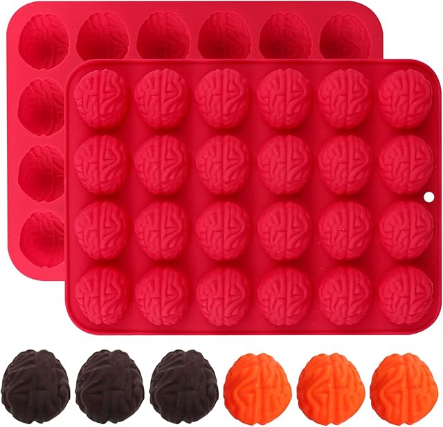 Brain Chocolate Candy Mold, 2 Pieces Halloween Silicone Brain Molds for Cake Cupcake Decorating, Brain Gummy Mold, Bite Size, Red