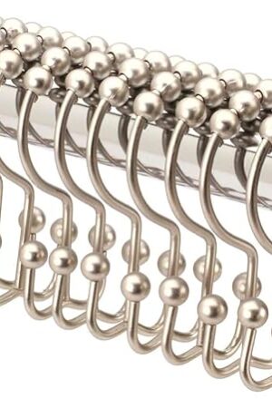 2lbDepot Double Sided Shower Curtain Hooks, Decorative Brushed Nickel Shower Curtain Hooks Rust Proof, Premium Stainless Steel Metal Hooks, Easy Glide Rollers, Set of 12 Curtain Rod Rings