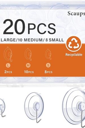 20PCS Suction Cup Hooks, 2.5Inch, 1.77Inch, 1Inch Suction Cups with Metal Hooks Removable, Suitable for Glass, Windows, Bathrooms, Kitchens, Tiles, Shower Cubicles
