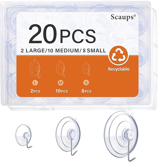 20PCS Suction Cup Hooks, 2.5Inch, 1.77Inch, 1Inch Suction Cups with Metal Hooks Removable, Suitable for Glass, Windows, Bathrooms, Kitchens, Tiles, Shower Cubicles