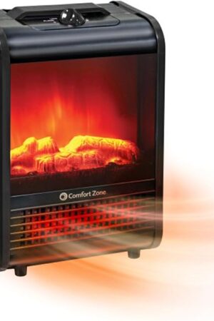 Comfort Zone Electric Mini Fireplace Space Heater with Realistic 3D Flame, Stay-Cool Body, Carry Handle, Overheat Sensor, and Safety Tip-Over Switch, Ideal for Home, Bedroom, & Office, 1,200W, CZFP1BK