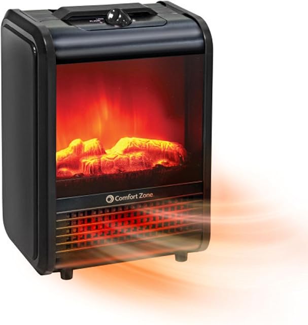 Comfort Zone Electric Mini Fireplace Space Heater with Realistic 3D Flame, Stay-Cool Body, Carry Handle, Overheat Sensor, and Safety Tip-Over Switch, Ideal for Home, Bedroom, & Office, 1,200W, CZFP1BK
